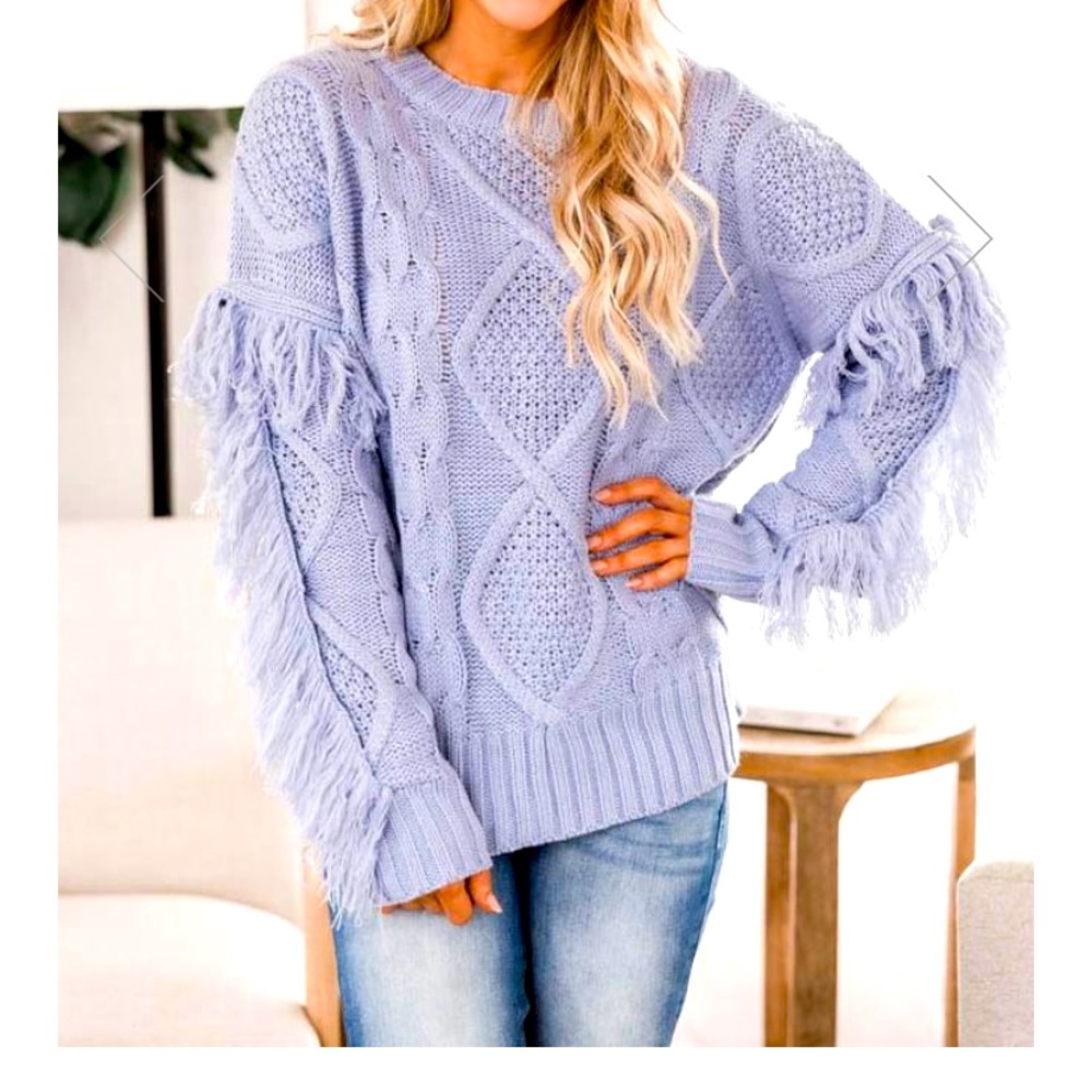 💕Lt Blue Cable Knit Fringe Sweater Small New